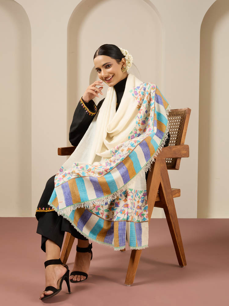 Noorani Palla Handloom Kani Pashmina Shawl - Turquoise, Offwhite