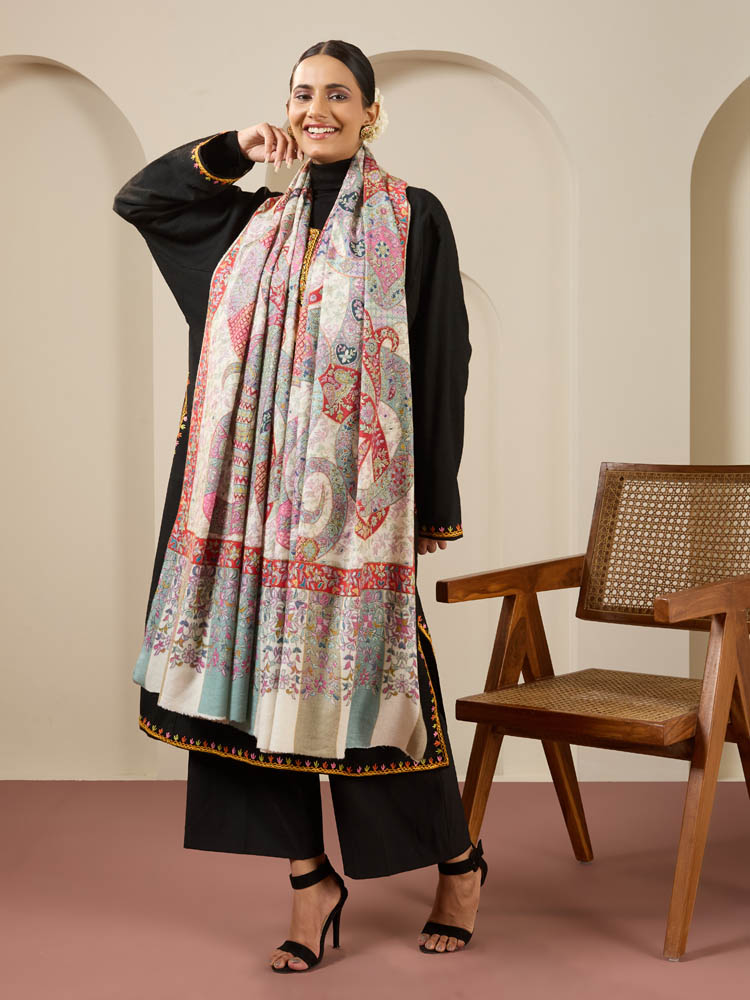 Nafees Kalamkari Fine Wool Shawl - Cream, Multi