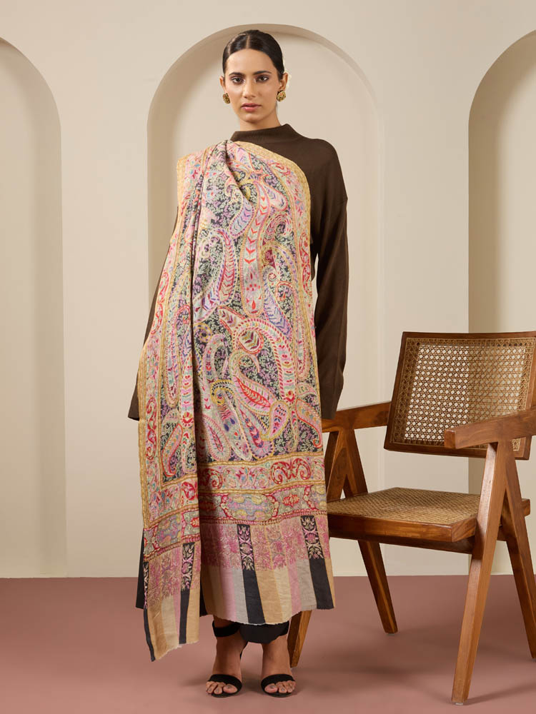 Motira Kalamkari Fine Wool Shawl - Rose, Multi