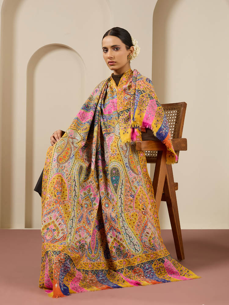Shahkaar Pashmina Kalamkari Shawl - Golden Yellow Multi