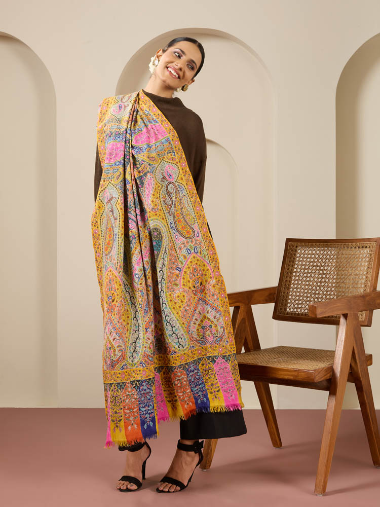 ImageShahkaar Pashmina Kalamkari Shawl – Golden Yellow Multi