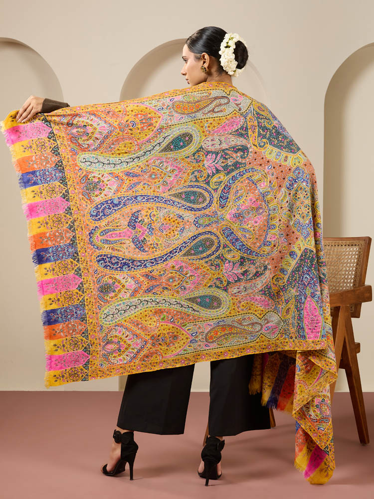 ImageShahkaar Pashmina Kalamkari Shawl – Golden Yellow Multi