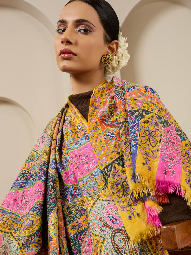 ImageShahkaar Pashmina Kalamkari Shawl – Golden Yellow Multi