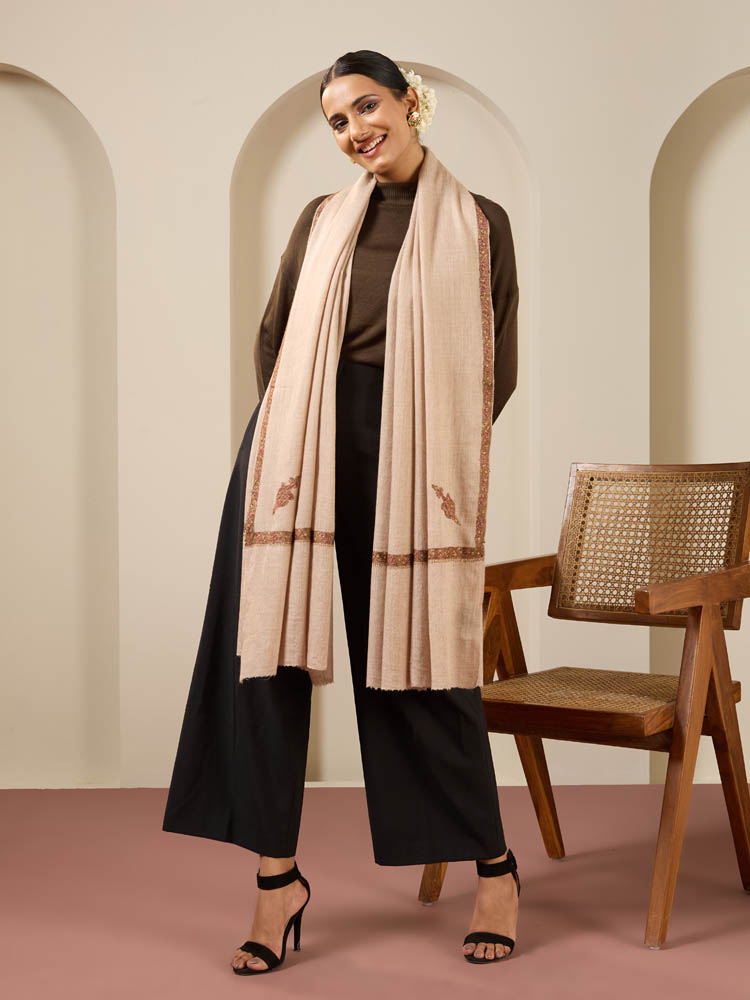 Camel Beige Sozni Hand Emb Wool Shawl