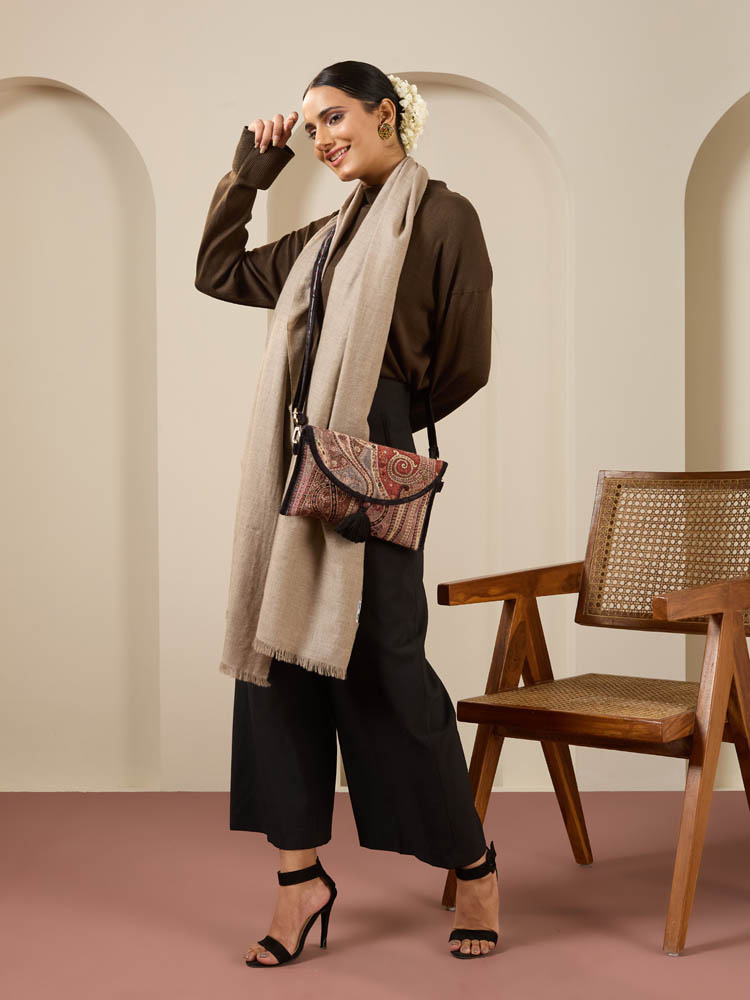 Handloom Diamond Weave Pashmina Stole – Mélange Beige