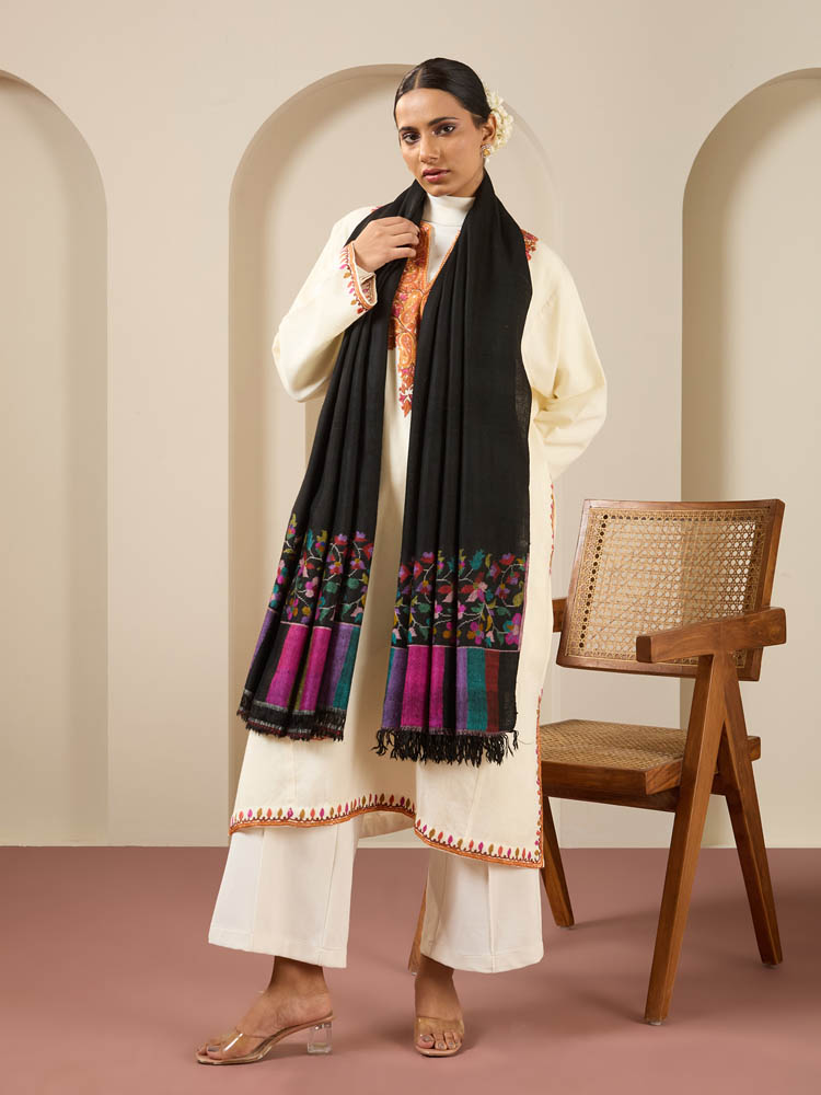 Gulrukh Palla Kani Pashmina Handloom Shawl - Multi, Black