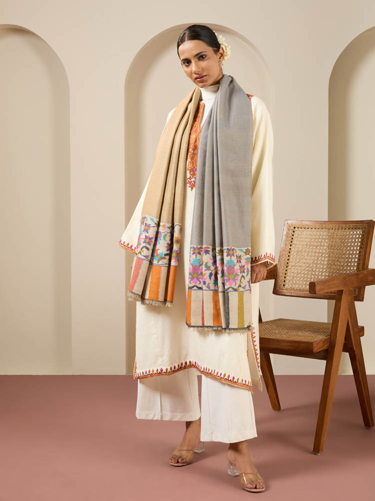 Phool Palla Kani Dorukha Pashmina Shawl - Camel, Grey