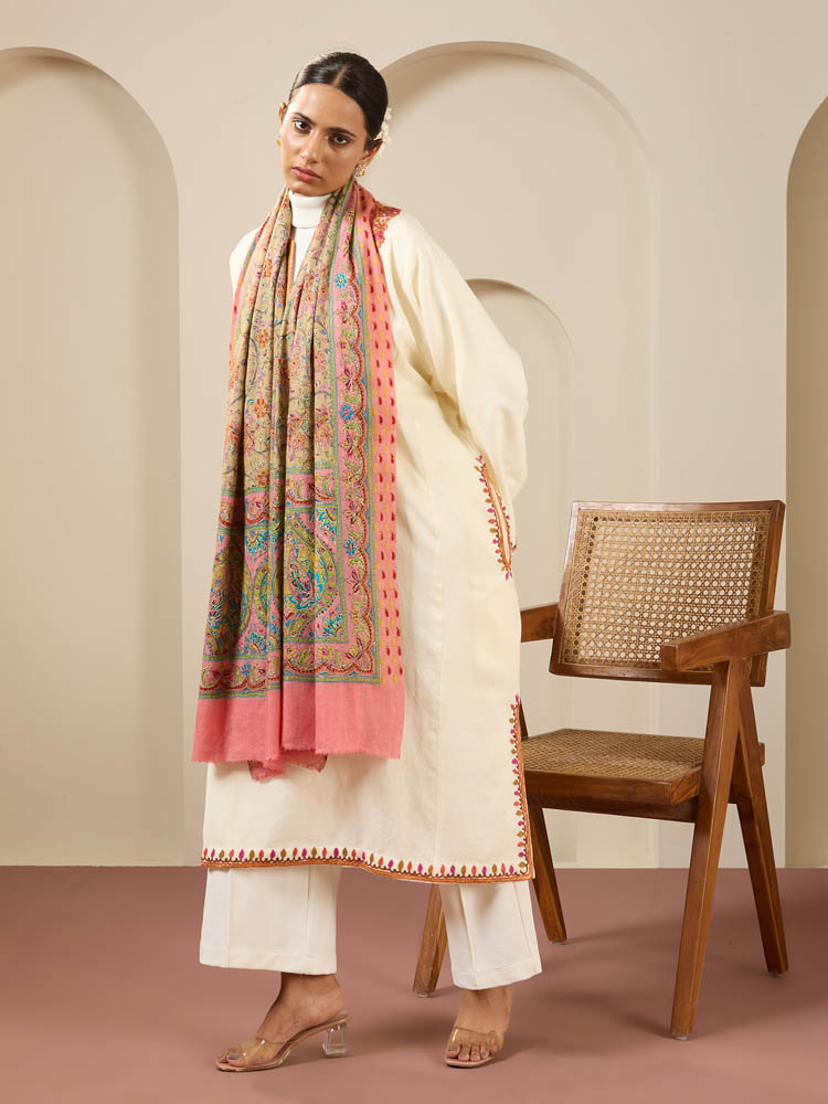 Kalamkari Paisley Jaal Wool Stole - Pearl Pink, Beige