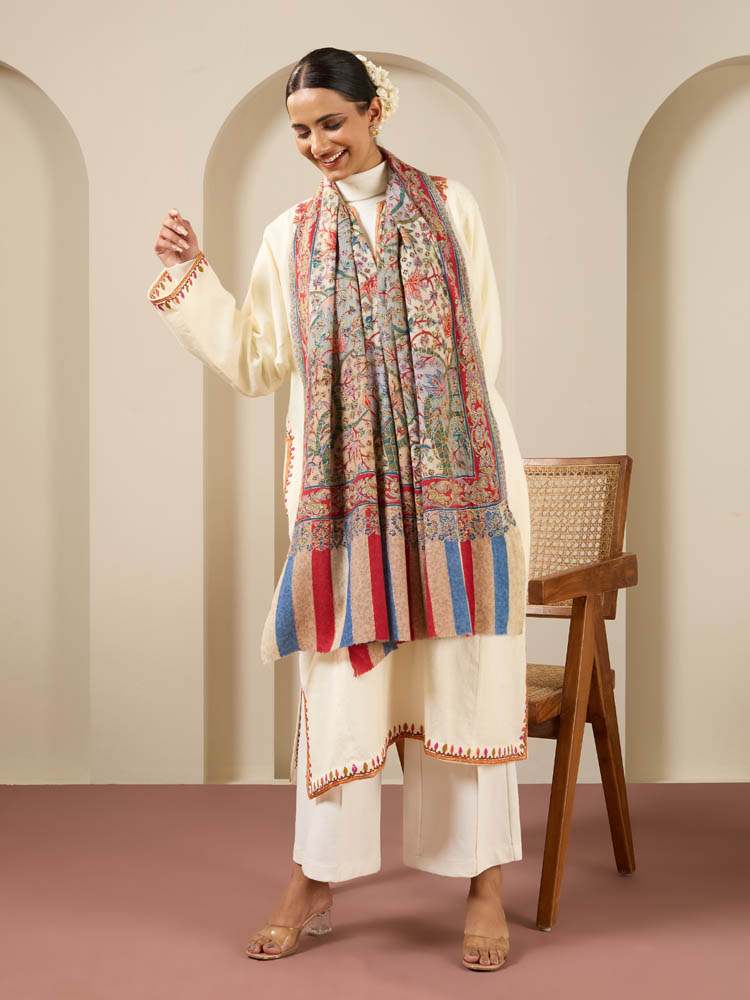 Kalamkari Chinar Jaali Wool Stole - Beige, Multi