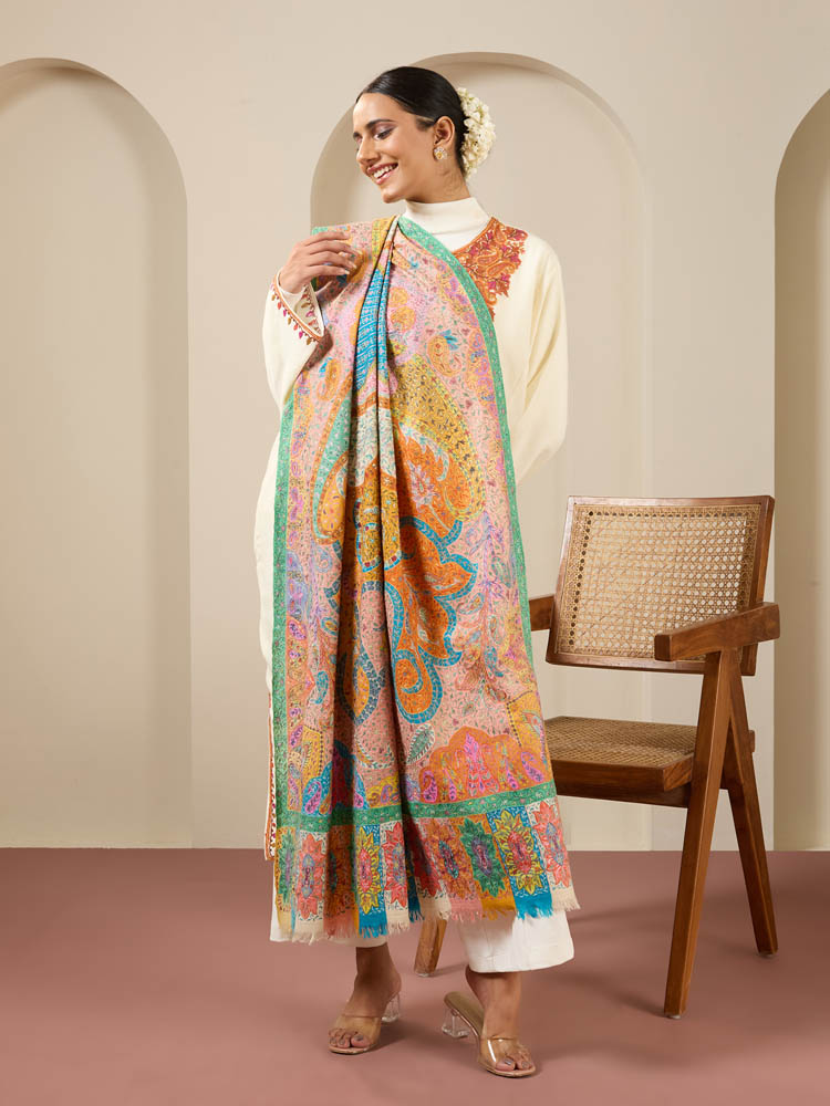 Sragvi Kalamkari Pashmina Shawl - Saffron, Multi