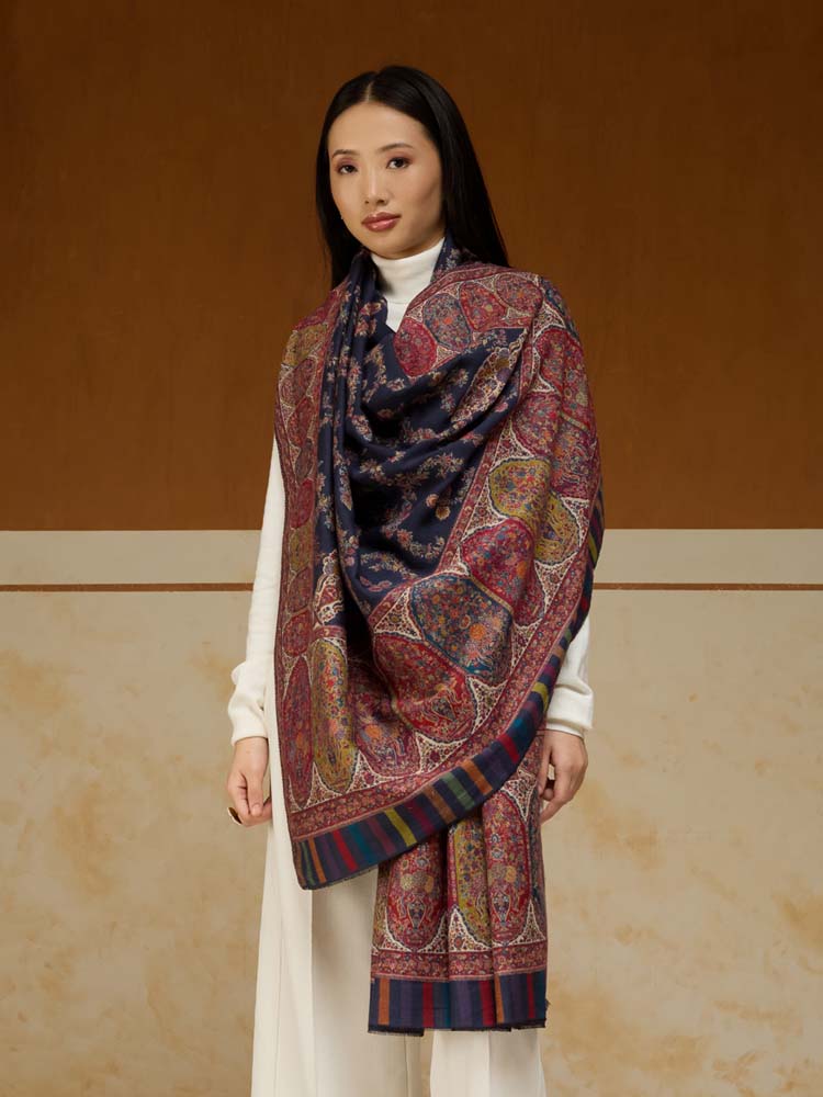 ImageKusumrekhā Floral Kani Shawl – Navy