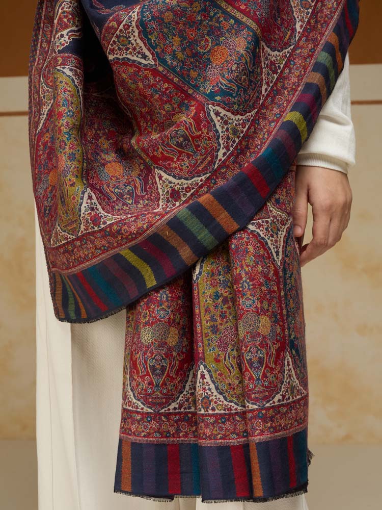 ImageKusumrekhā Floral Kani Shawl – Navy