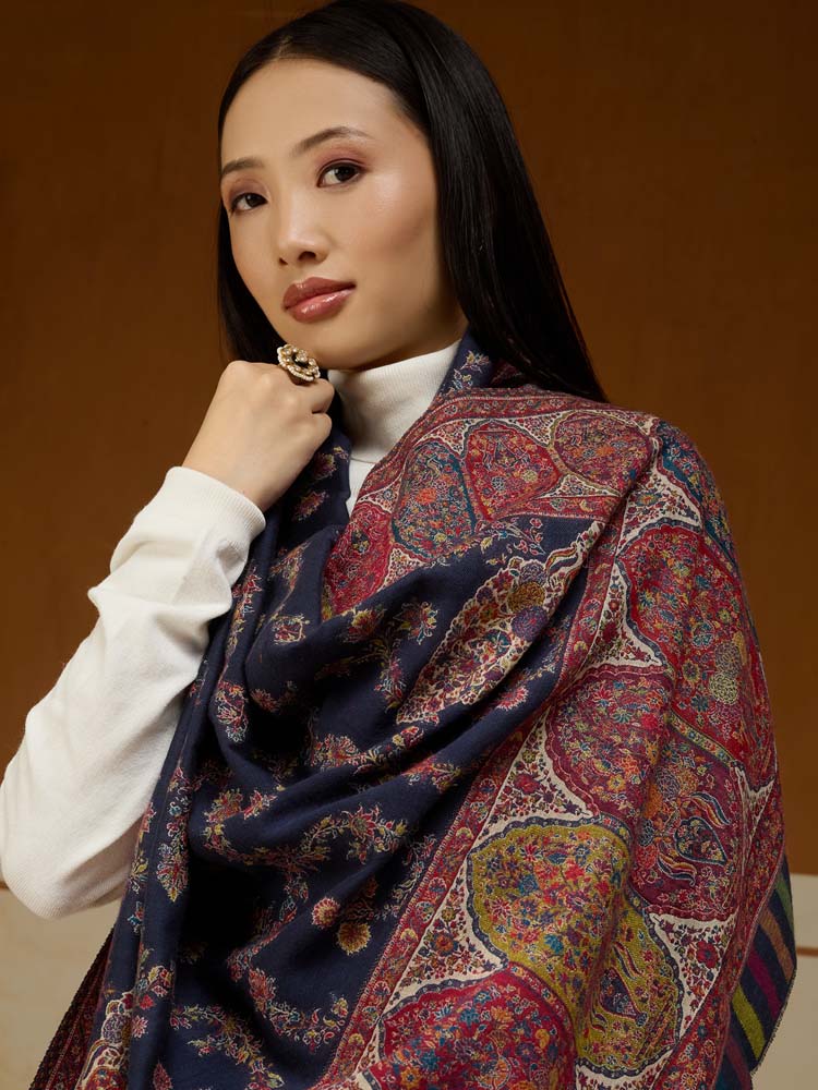 ImageKusumrekhā Floral Kani Shawl – Navy