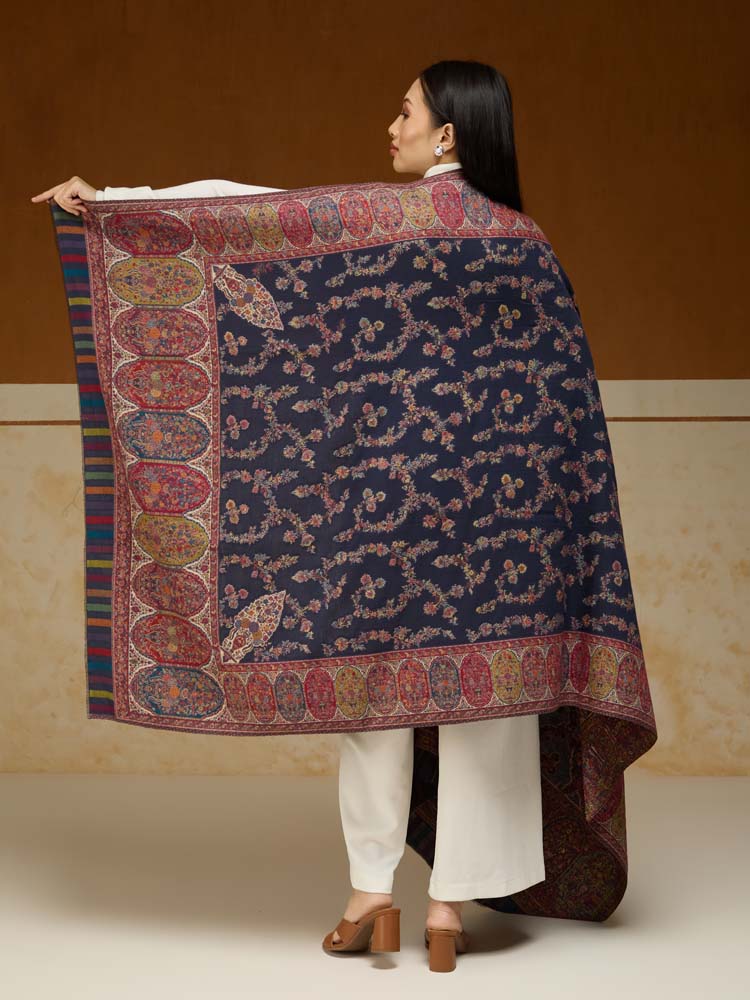 ImageKusumrekhā Floral Kani Shawl – Navy