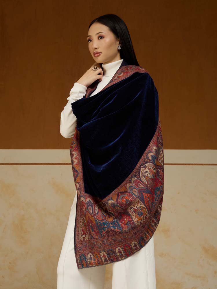 ImageRajkatha Border Velvet Wool Shawl – Oxide Blue