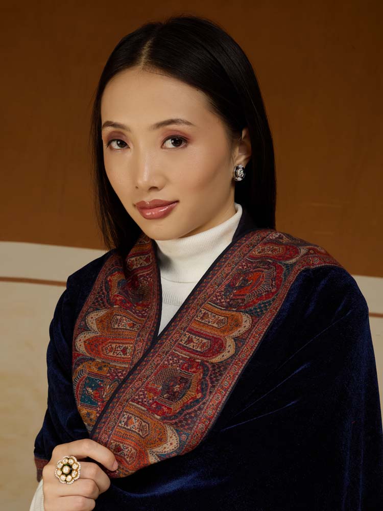 ImageRajkatha Border Velvet Wool Shawl – Oxide Blue