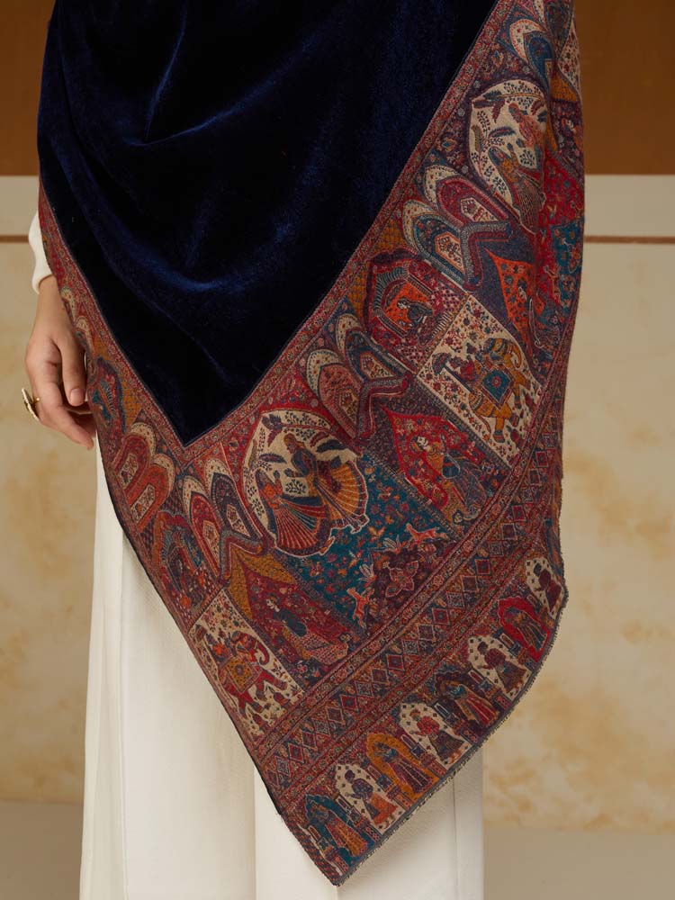 ImageRajkatha Border Velvet Wool Shawl – Oxide Blue