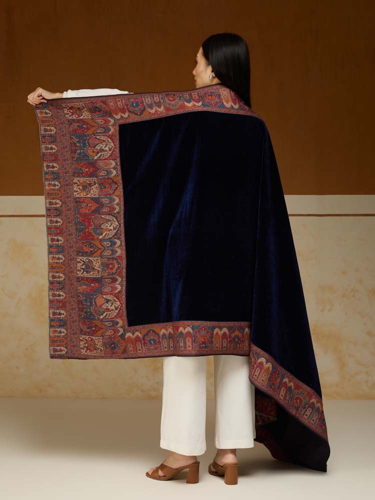 ImageRajkatha Border Velvet Wool Shawl – Oxide Blue