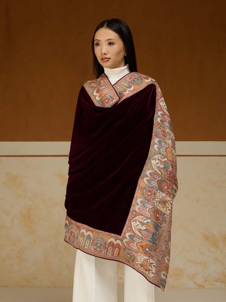 ImageRajkatha Border Velvet Wool Shawl – Mulberry