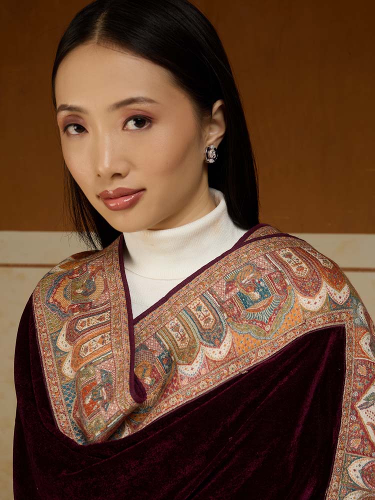 ImageRajkatha Border Velvet Wool Shawl – Mulberry