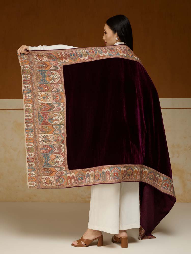 ImageRajkatha Border Velvet Wool Shawl – Mulberry