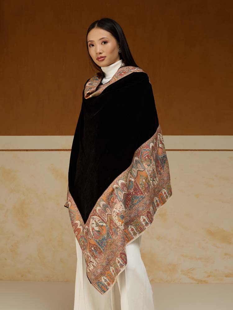 Rajkatha Border Velvet Wool Shawl - Bangalore Black
