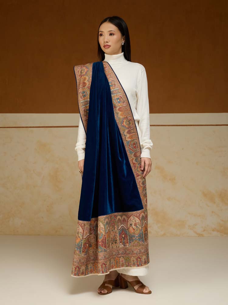 ImageRajkatha Border Velvet Wool Shawl – Cobalt Blue