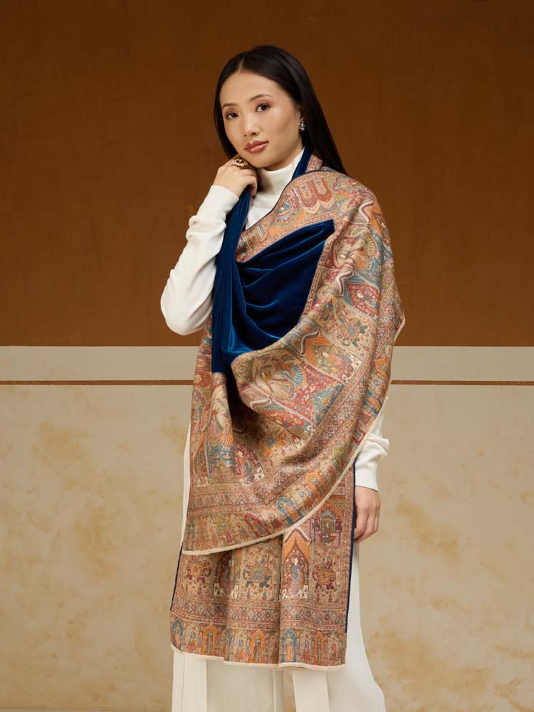 ImageRajkatha Border Velvet Wool Shawl – Cobalt Blue