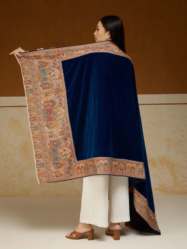 ImageRajkatha Border Velvet Wool Shawl – Cobalt Blue
