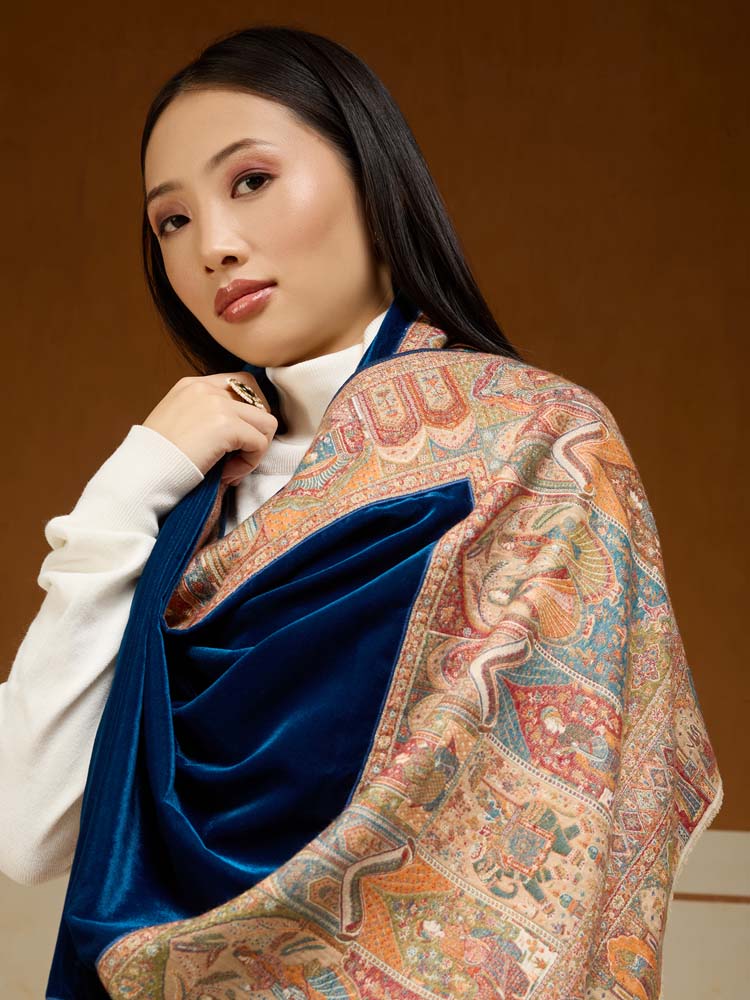 ImageRajkatha Border Velvet Wool Shawl – Cobalt Blue