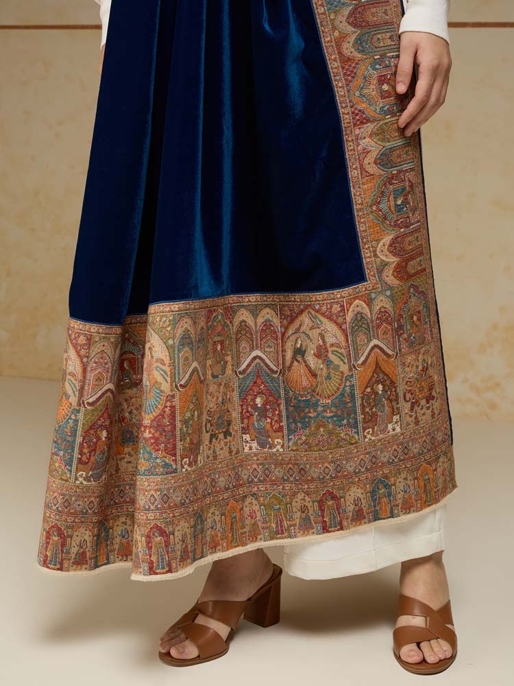 ImageRajkatha Border Velvet Wool Shawl – Cobalt Blue