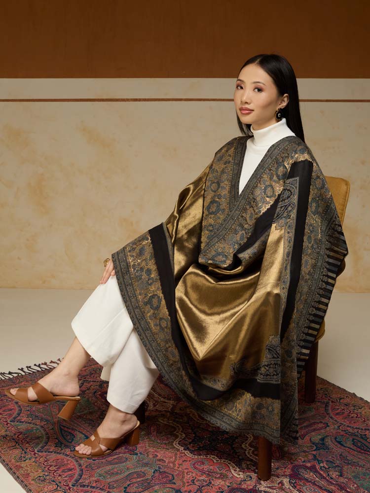 ImageSwarna Paisley Wool Zari Shawl – Gold, Steel Grey