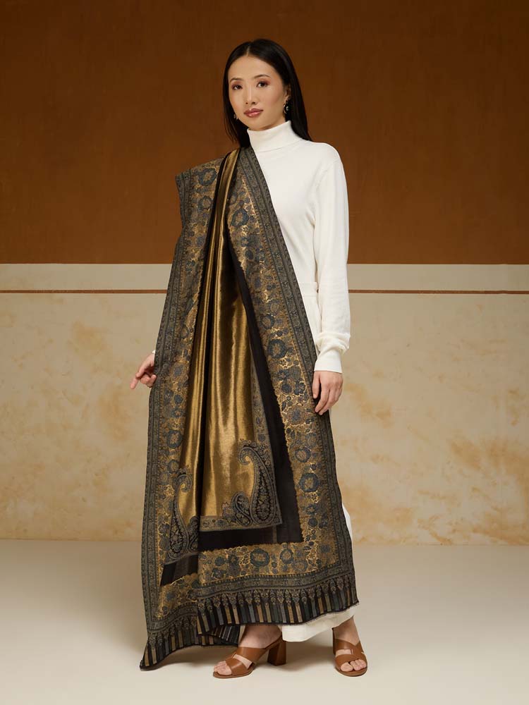 ImageSwarna Paisley Wool Zari Shawl – Gold, Steel Grey