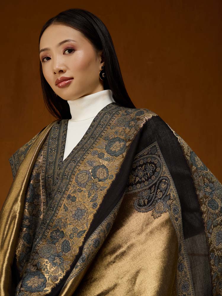 ImageSwarna Paisley Wool Zari Shawl – Gold, Steel Grey