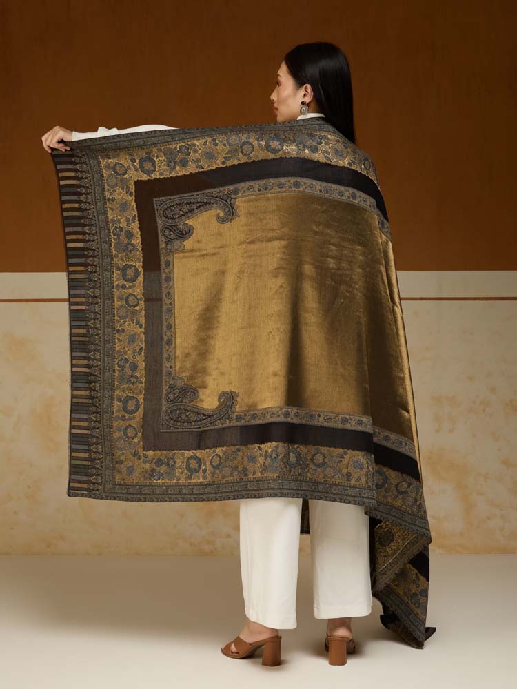 ImageSwarna Paisley Wool Zari Shawl – Gold, Steel Grey