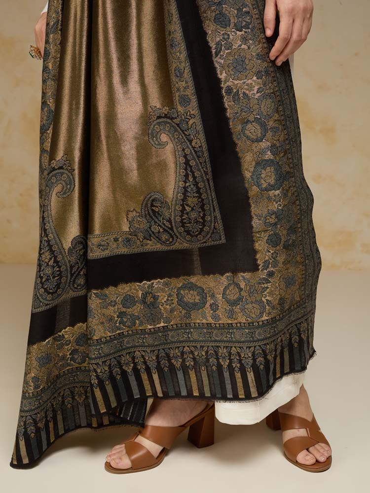 ImageSwarna Paisley Wool Zari Shawl – Gold, Steel Grey