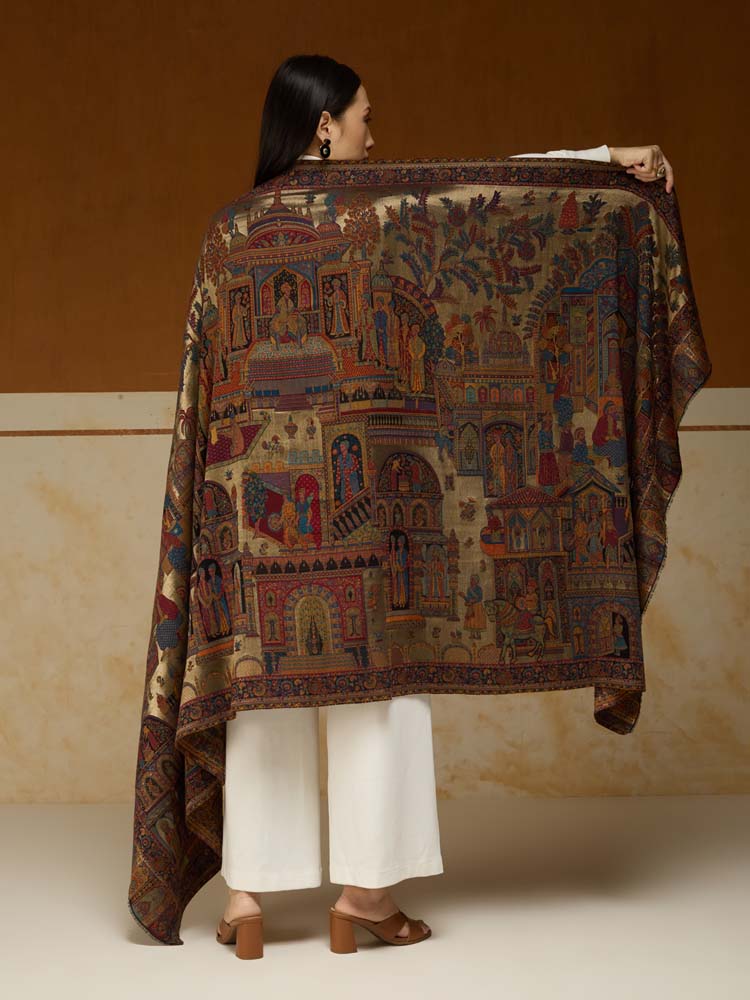 ImageFasana-e-Shah Kalamkari Zari Shawl – Arabian Gold