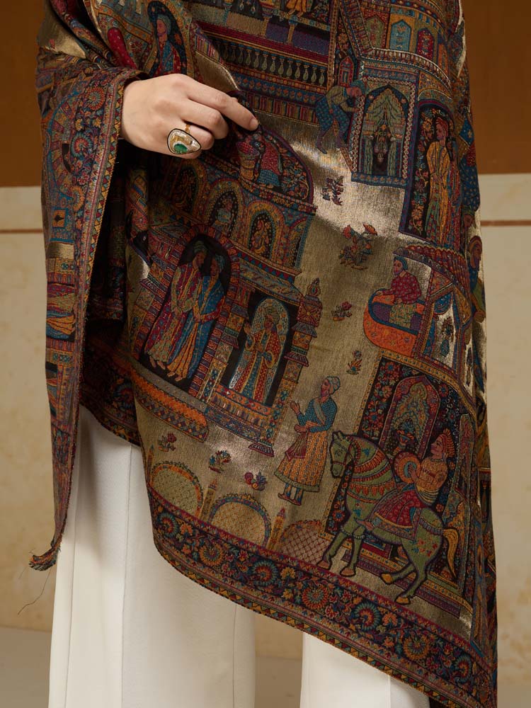 ImageFasana-e-Shah Kalamkari Zari Shawl – Arabian Gold