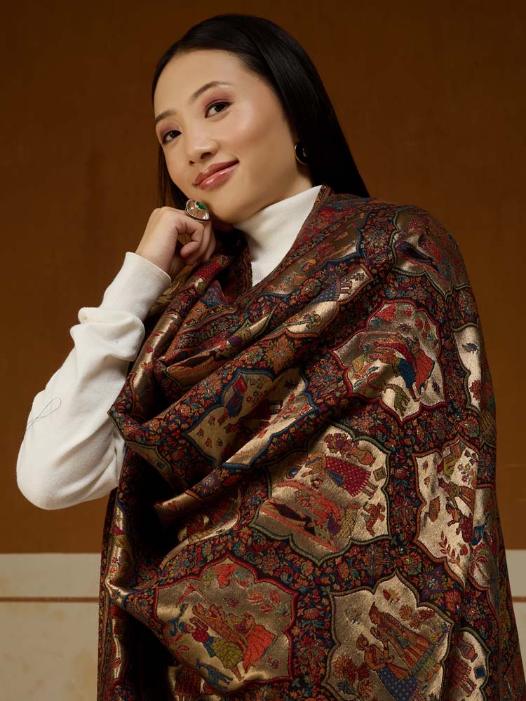 ImageNaqqashi Royale Kalamkari Zari Shawl- Gold, Black