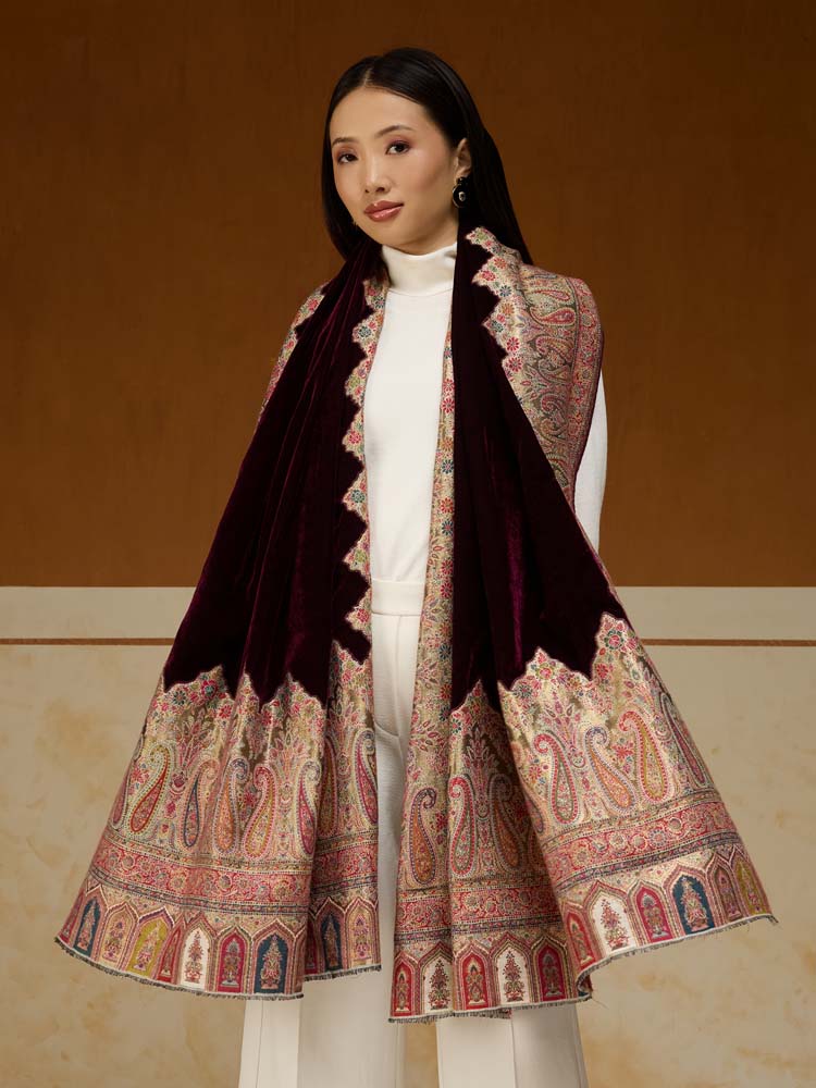 Pechdar Paisley Velvet Wool Shawl - Mulberry