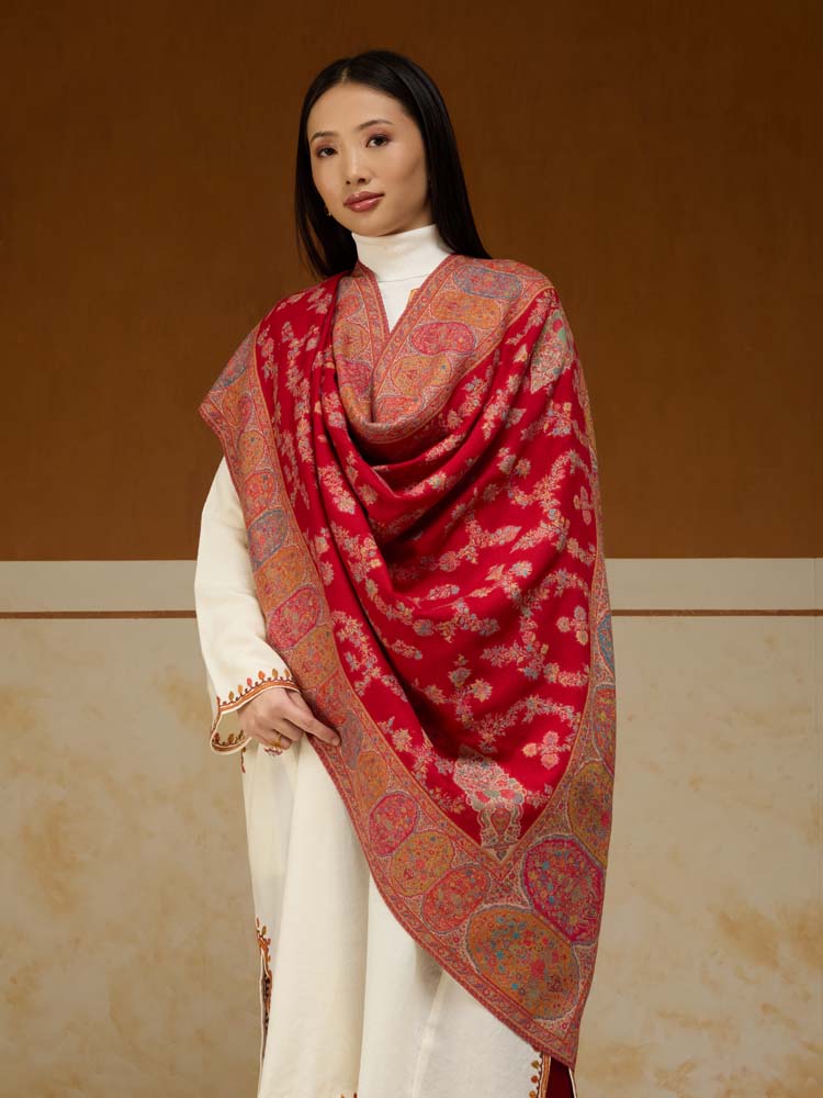 ImageKusumrekhā Floral Kani Shawl – Spice Red