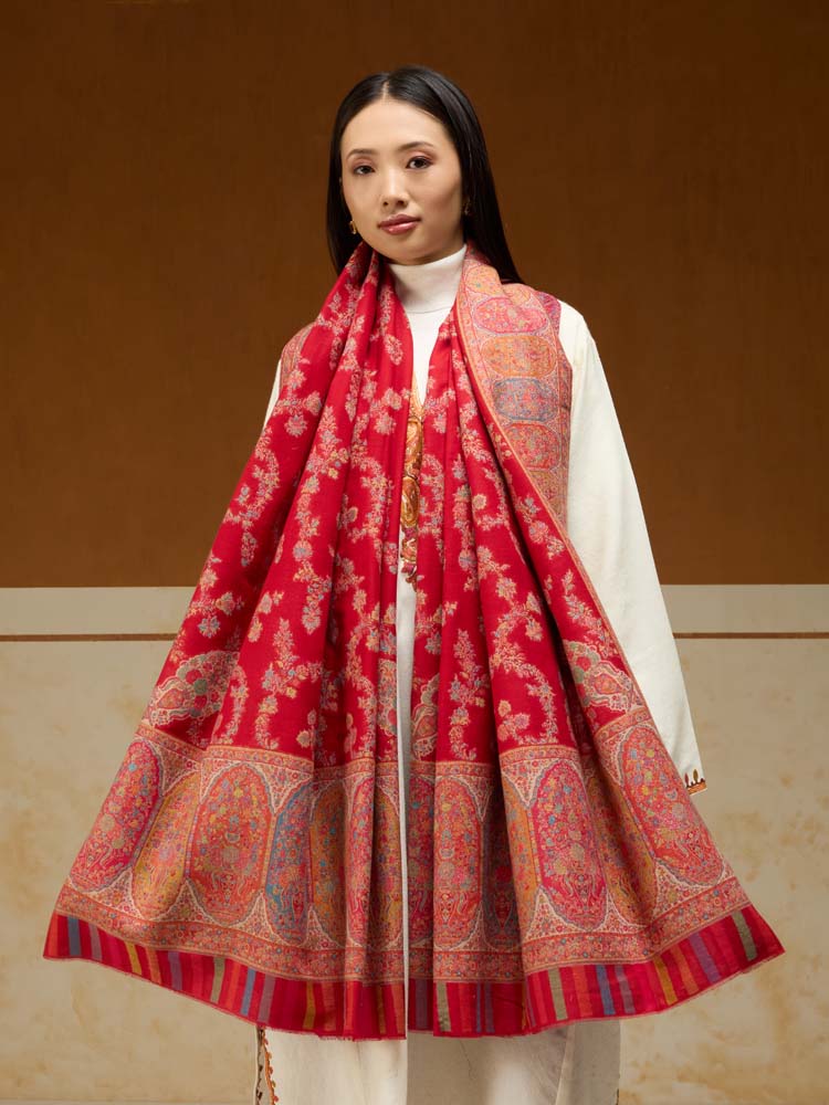 ImageKusumrekhā Floral Kani Shawl – Spice Red