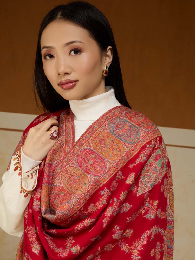 ImageKusumrekhā Floral Kani Shawl – Spice Red