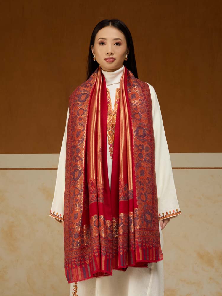 ImageSwarna Paisley Wool Zari Shawl – Chili Red