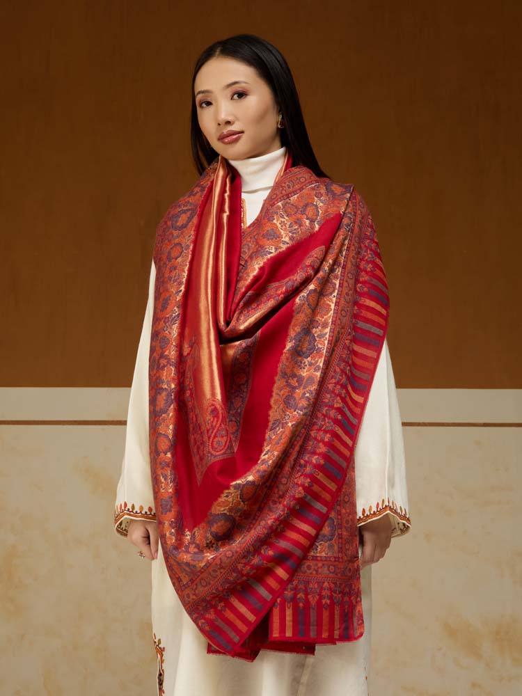 ImageSwarna Paisley Wool Zari Shawl – Chili Red