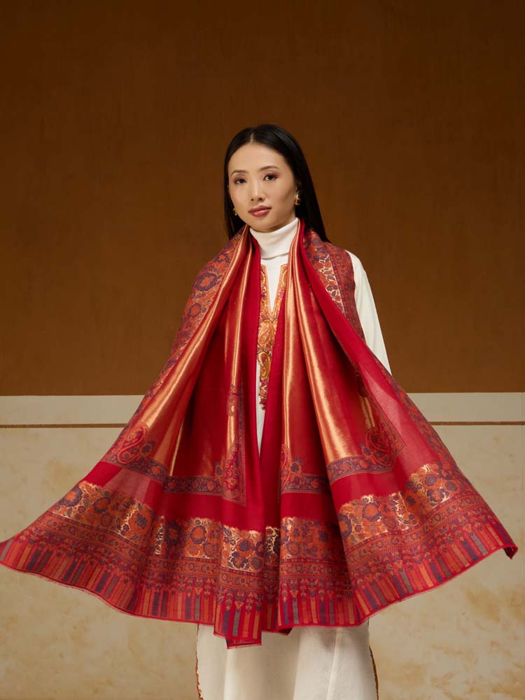 ImageSwarna Paisley Wool Zari Shawl – Chili Red