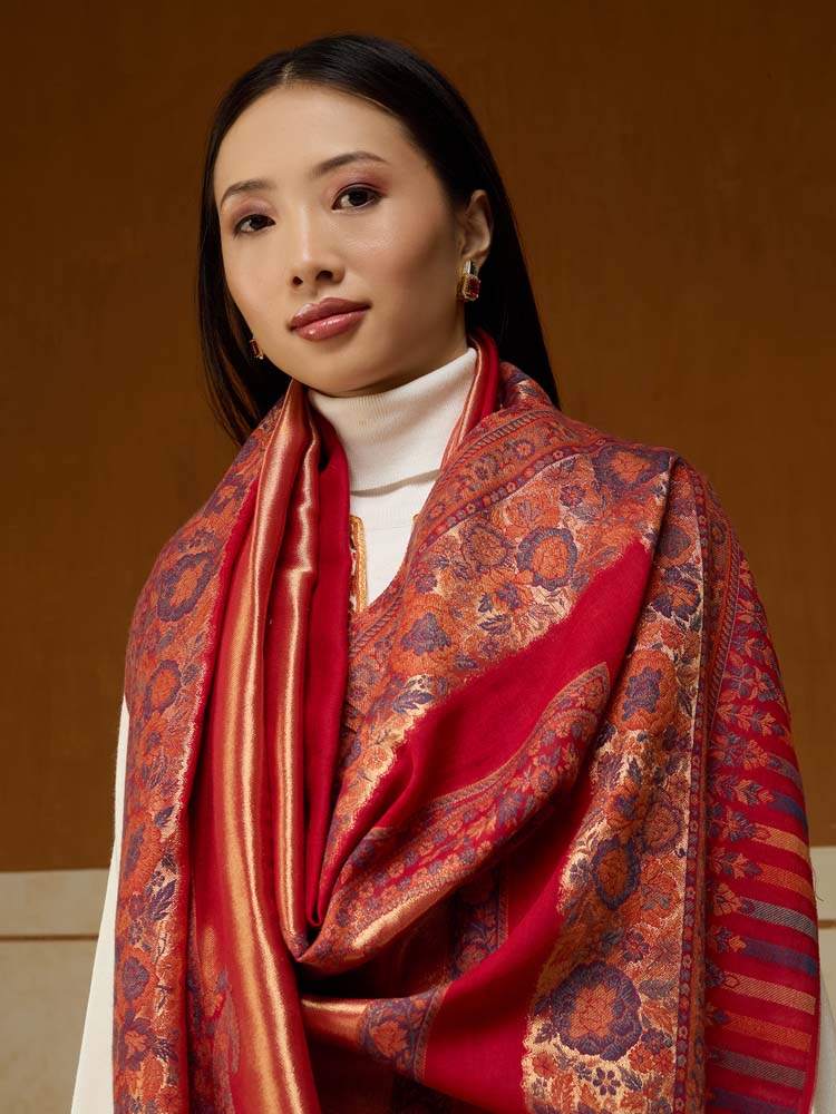 ImageSwarna Paisley Wool Zari Shawl – Chili Red