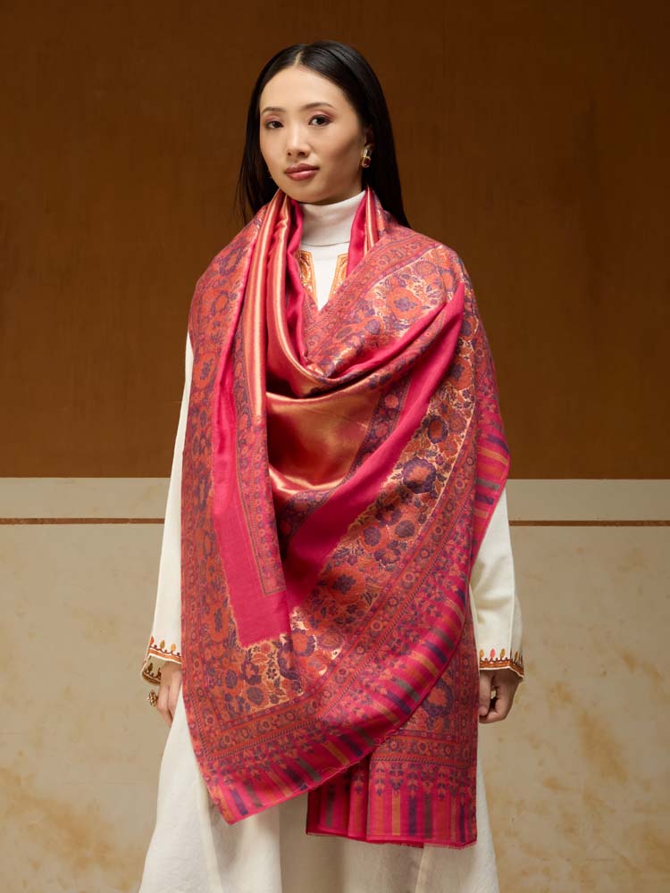 ImageSwarna Paisley Wool Zari Shawl – Soft Pink