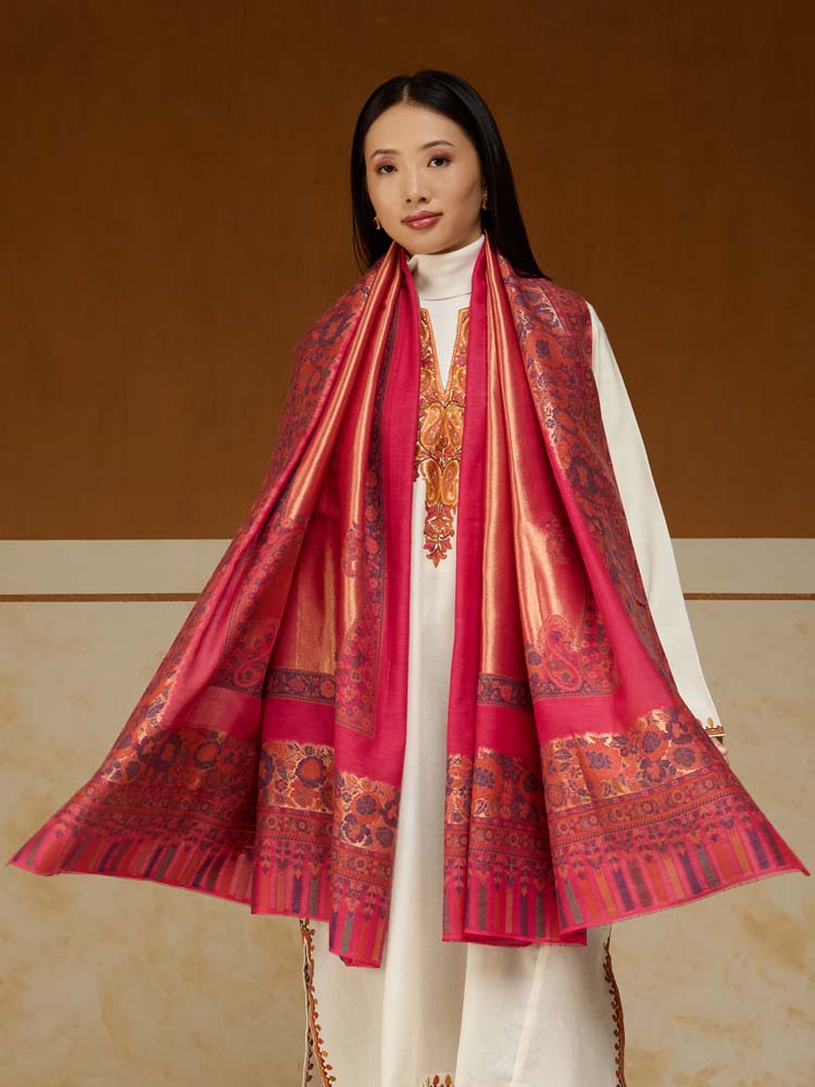 ImageSwarna Paisley Wool Zari Shawl – Soft Pink