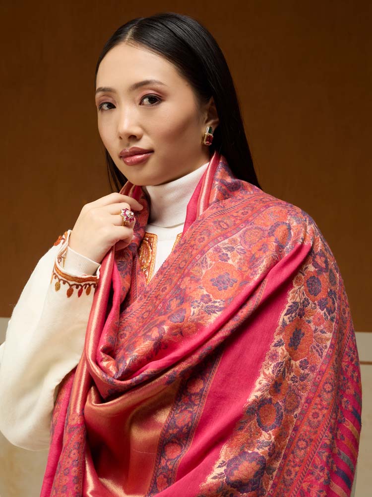 ImageSwarna Paisley Wool Zari Shawl – Soft Pink